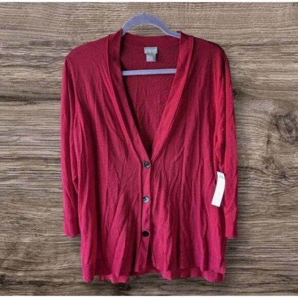 NWT Chicos Cardigan Sweater 3 Button Cherry Red 3/4 Sleeve Cotton Size 2 Large - Picture 1 of 10
